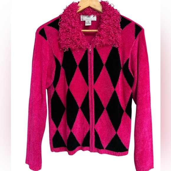 Lisa International Zip Sweater Womens Pink Black Diamond Chenille Frilly 90s Y2K - Picture 1 of 6